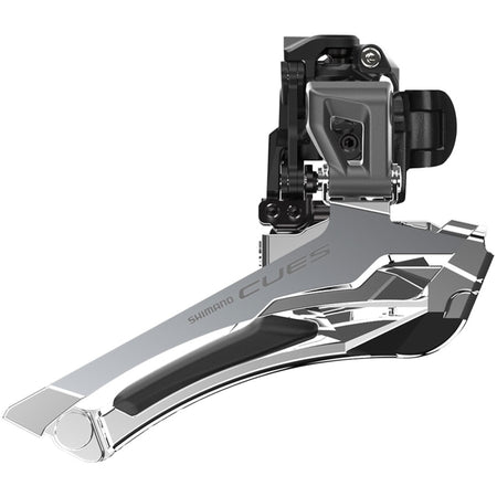 Shimano CUES FD-U6030 Linkglide front derailleur mounted on bicycle, showing its sleek design and mounting hardware.