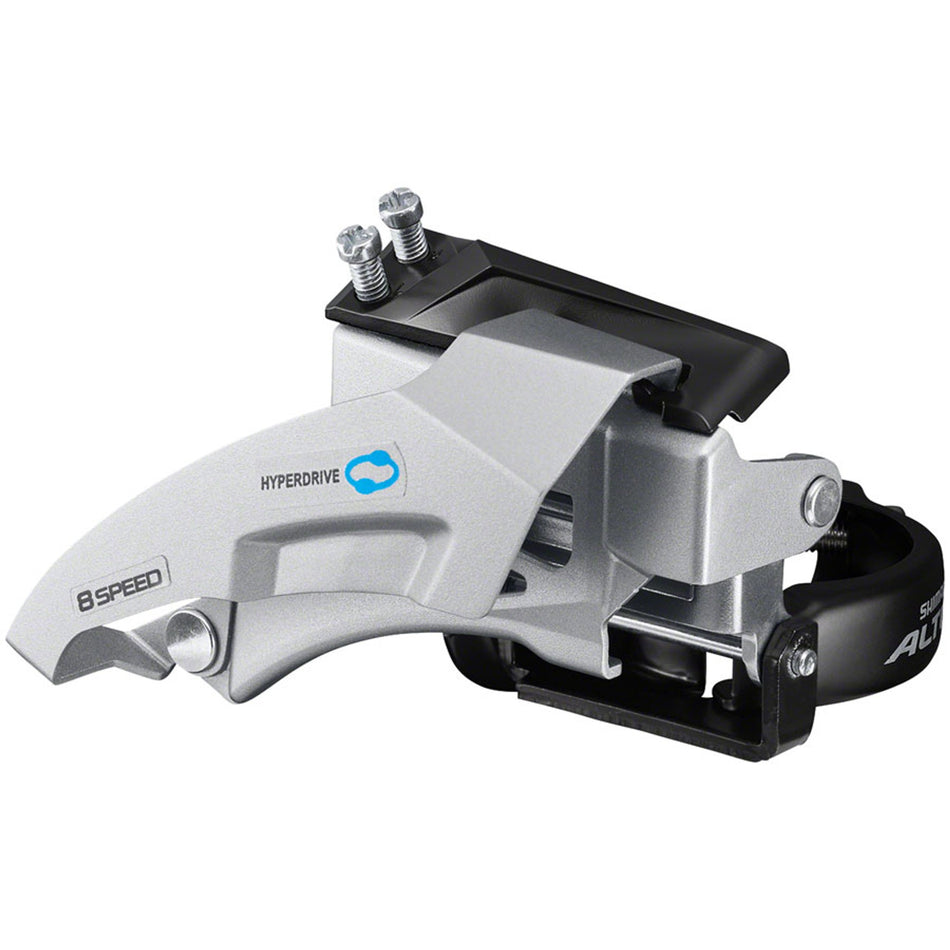 Shimano Altus FD-M315 front derailleur for 2x7/8-speed MTB bikes, top swing, dual pull, Hyperdrive compatible, mounted on bike.