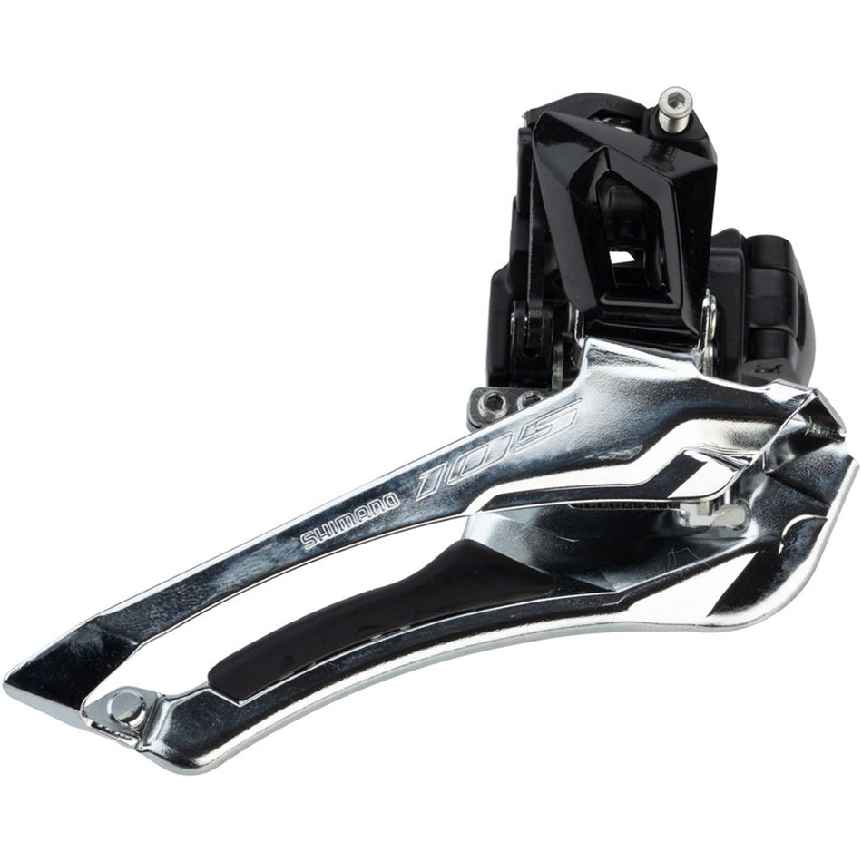 Shimano 105 FD-R7000 front derailleur for road bikes, showing the black and silver component with mounting clamp and derailleur cage.