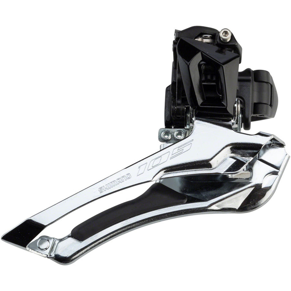 Shimano 105 FD-R7000 front derailleur mounted on bicycle, showing sleek black design and mounting clamp for smooth gear shifting.