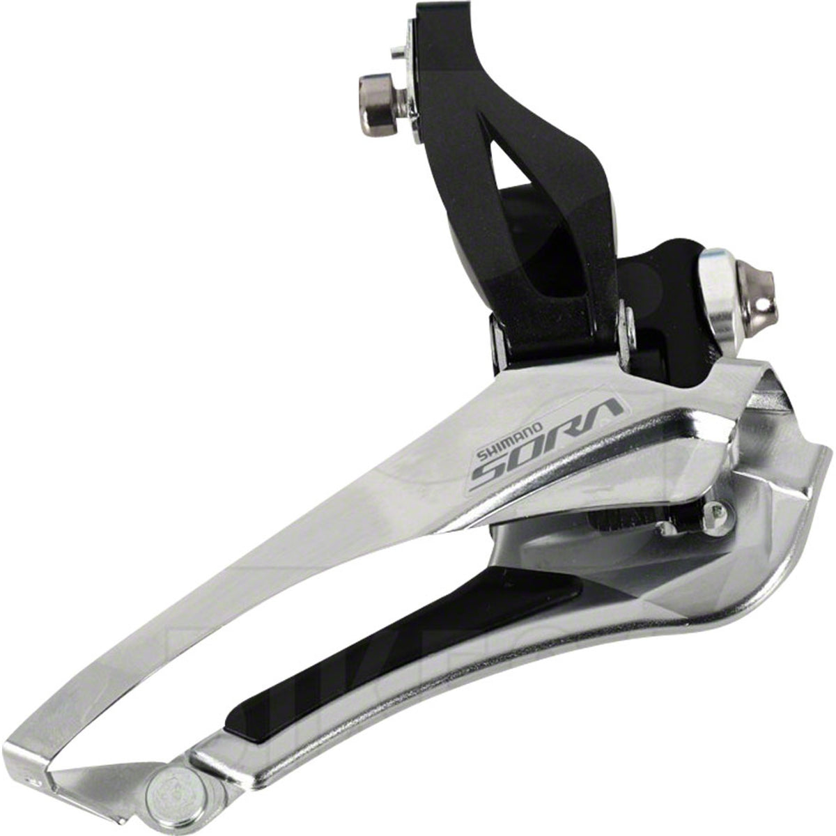 Shimano Sora FD-R3000 front derailleur mounted on bike, showcasing lightweight design and precise shifting components.