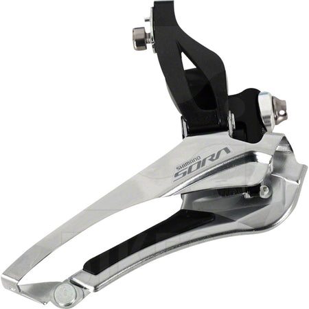 Shimano Sora FD-R3000 front derailleur mounted on bike, showcasing lightweight design and precise shifting components.