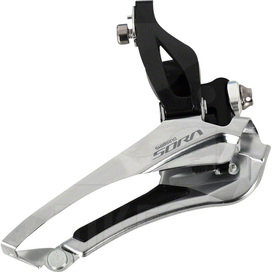Shimano Sora FD-R3000 front derailleur mounted on bike, showcasing lightweight design and precise shifting components.