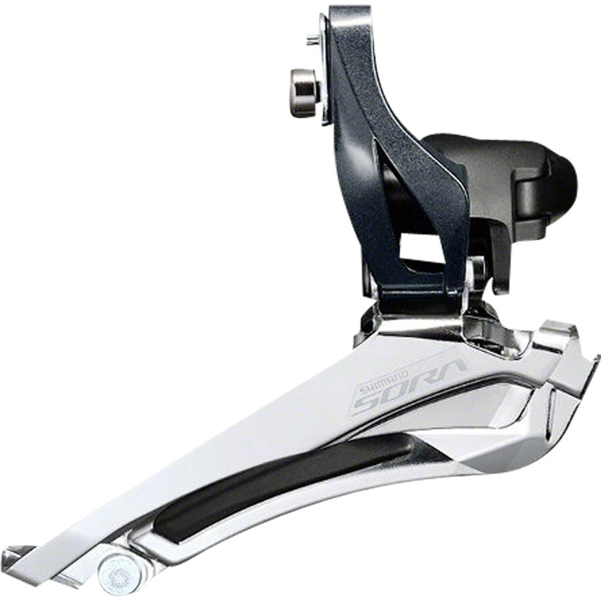 Shimano Sora FD-R3000 front derailleur mounted on a bicycle, showing its sleek design and adjustment screws for smooth shifting.