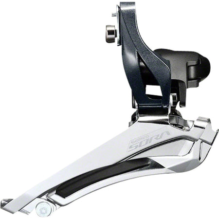 Shimano Sora FD-R3000 front derailleur mounted on a bicycle, showing its sleek design and adjustment screws for smooth shifting.