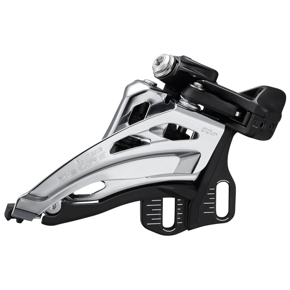 Shimano Deore M5100 front derailleur mounted on a bicycle, showing the precise mechanical components and mounting mechanism.