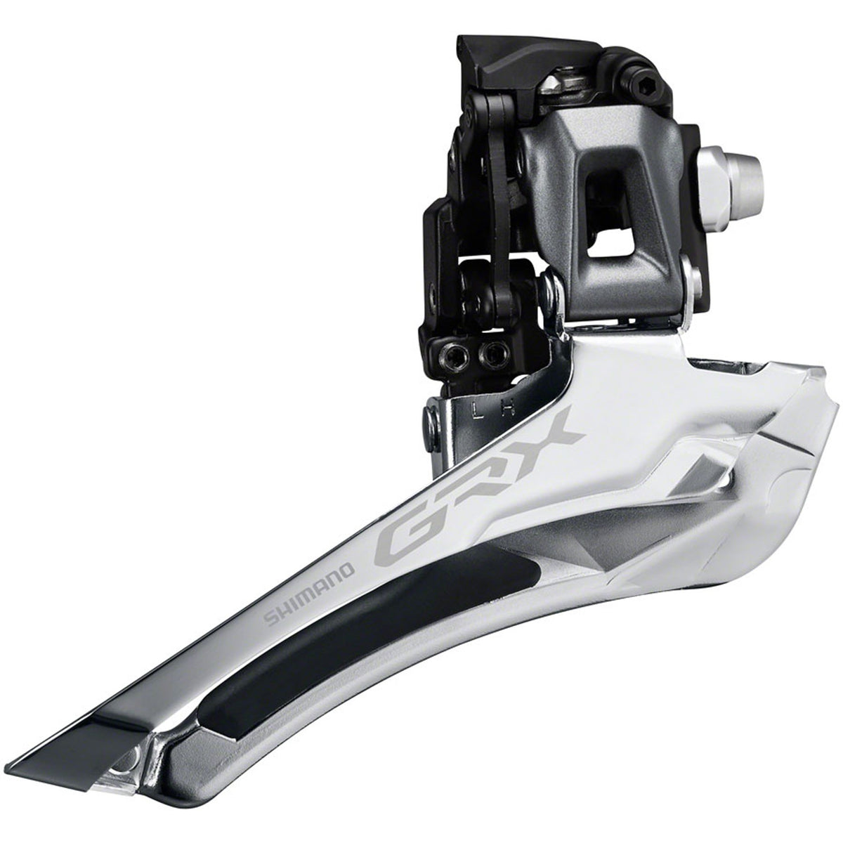 Shimano GRX FD-RX810 front derailleur mounted on bike, showing sleek design and mounting hardware for gravel cycling.
