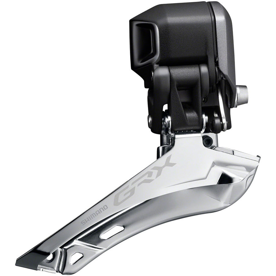 Shimano GRX FD-RX815 Di2 front derailleur for gravel bikes, showing its sleek design and mounting details.