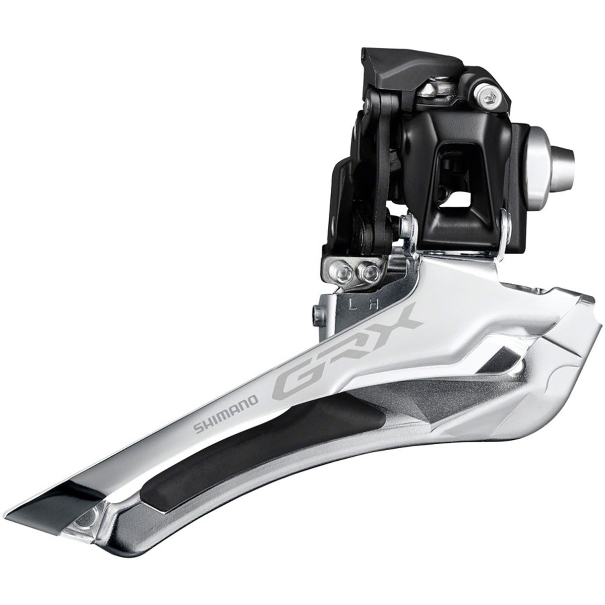 Shimano GRX FD-RX400 front derailleur mounted on bike, showcasing durable gravel cycling component with precise shifting capabilities.