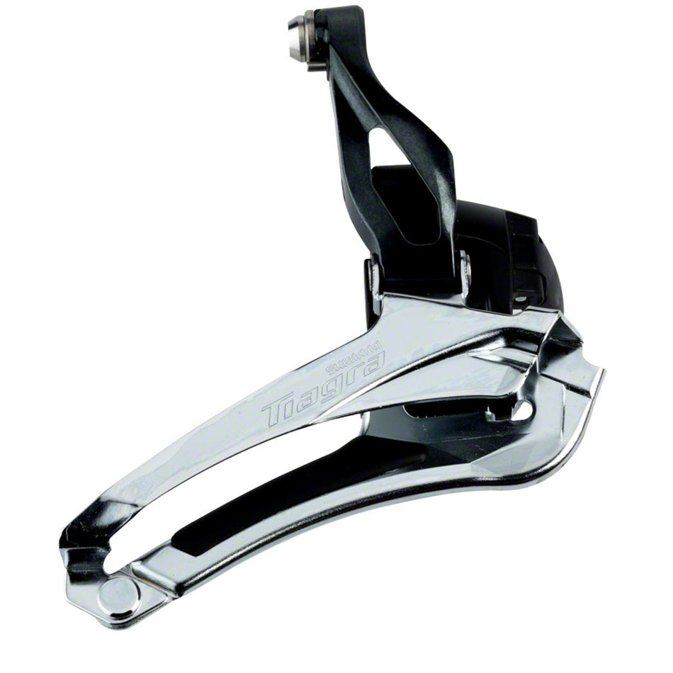 Shimano Tiagra FD-4700 front derailleur mounted on bicycle frame, showing the sleek design and attachment mechanism.
