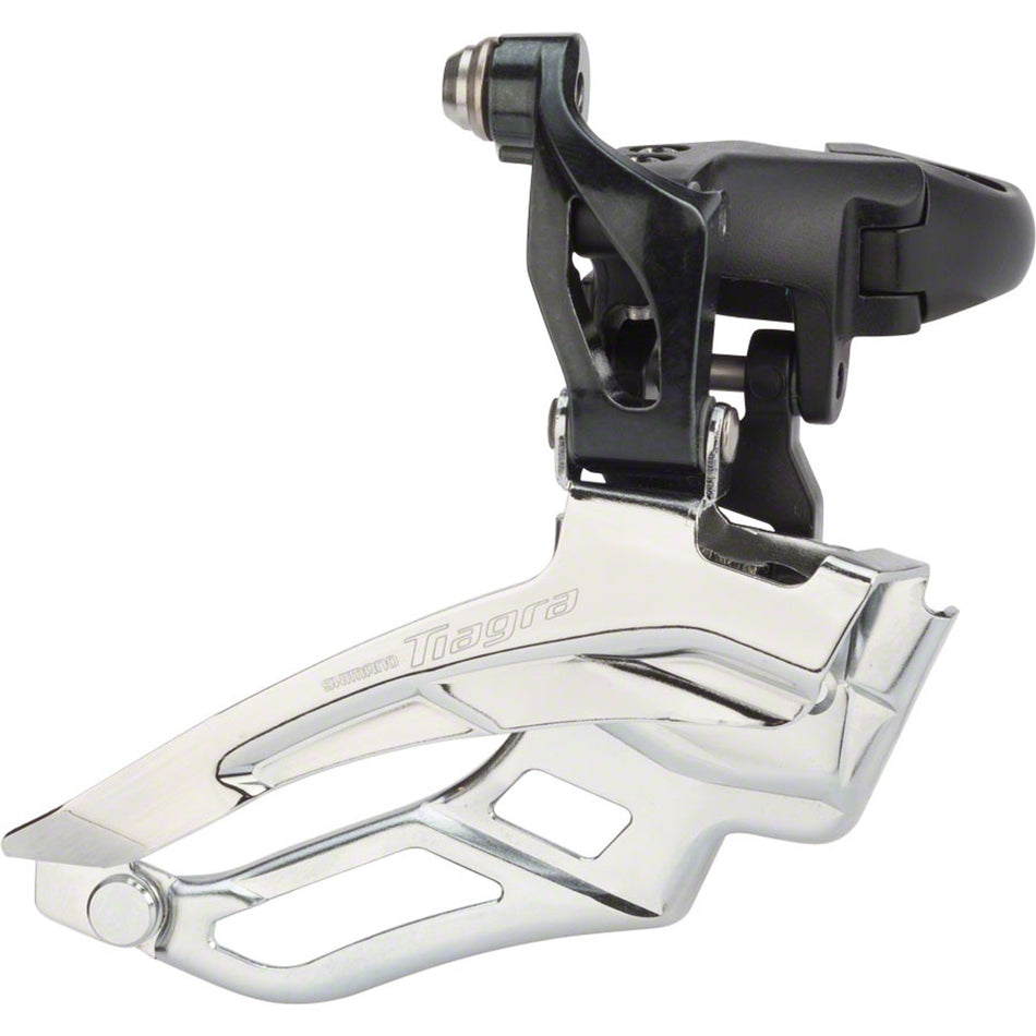 Shimano Tiagra FD-4703 front derailleur for road bikes, showing the metal cage and mounting mechanism.