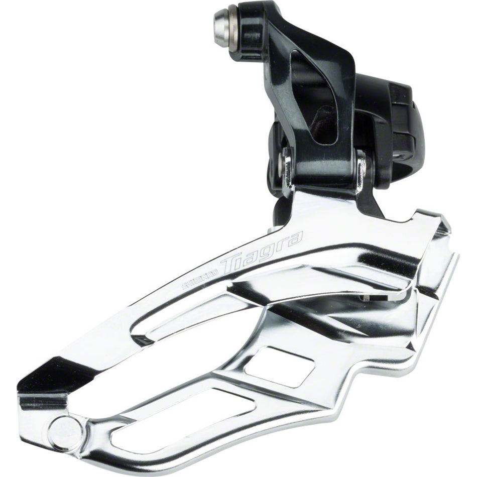 Shimano Tiagra FD-4703 front derailleur mounted on a bicycle, showing its sleek design and mounting mechanism for smooth gear shifting.