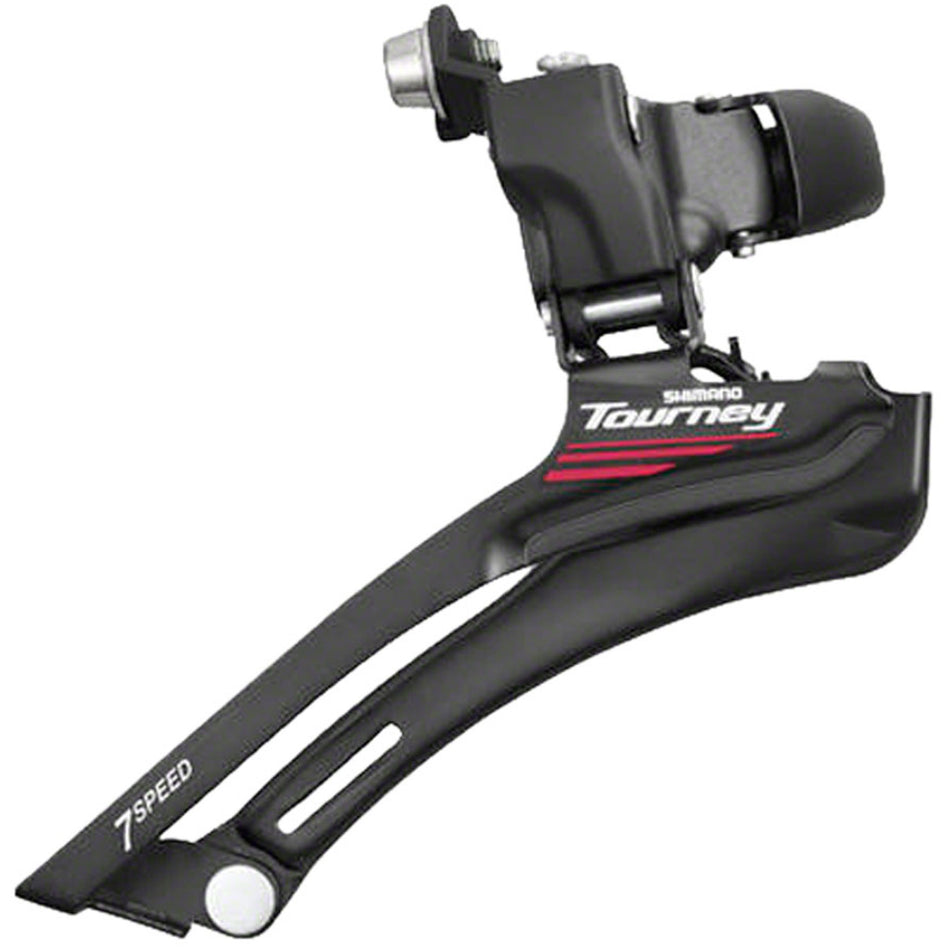 Shimano Tourney FD-TX51/TX50 front derailleur, model FD8202, showcasing the lightweight bike component with mounting hardware.