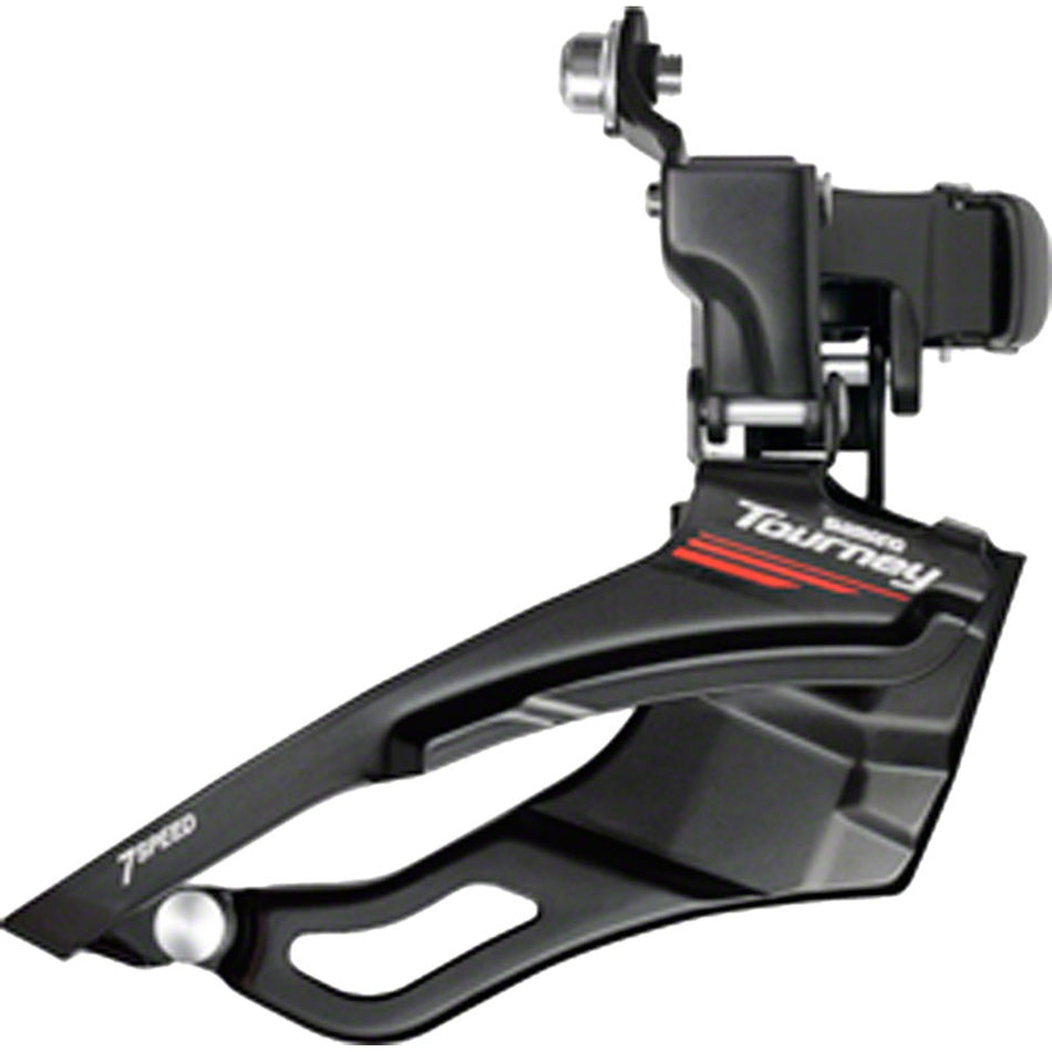 Shimano Tourney FD-TX51/TX50 front derailleur, model FD8203, showing metal construction and mounting clamp for bike gear shifting.