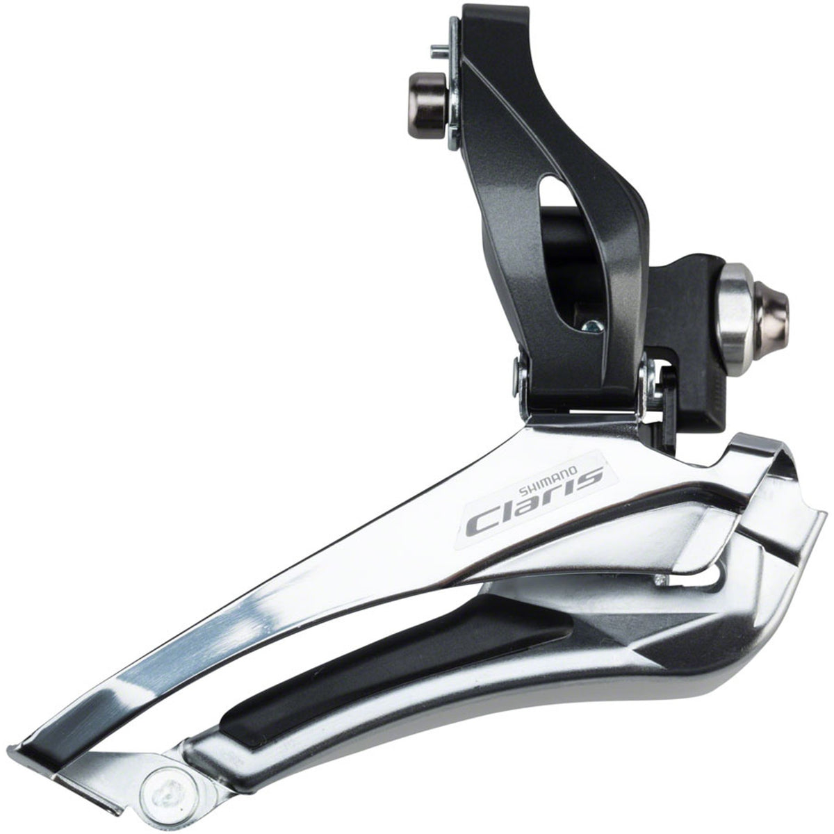 Shimano Claris FD-R2000 front derailleur mounted on bike with silver finish and cable attachment, designed for road bike gearing systems.
