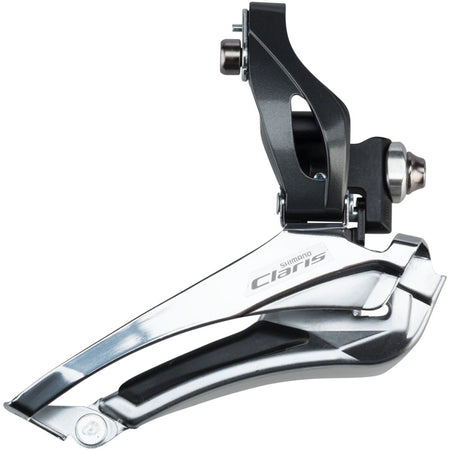 Shimano Claris FD-R2000 front derailleur mounted on bike with silver finish and cable attachment, designed for road bike gearing systems.