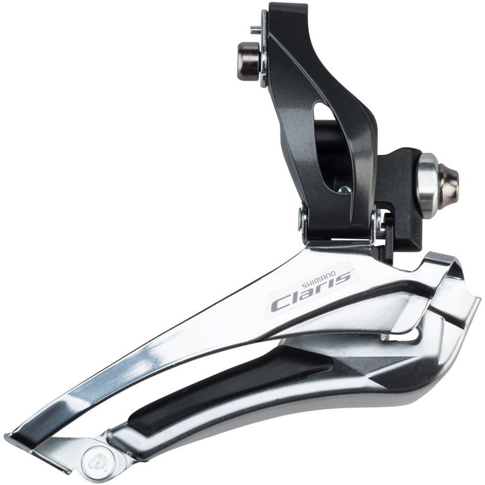 Shimano Claris FD-R2000 front derailleur mounted on bike with silver finish and cable attachment, designed for road bike gearing systems.