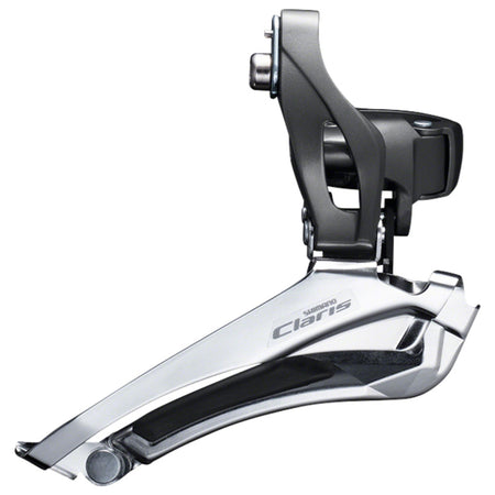 Shimano Claris FD-R2000 front derailleur mounted on bike, showing its lightweight design and precise shifting mechanism.
