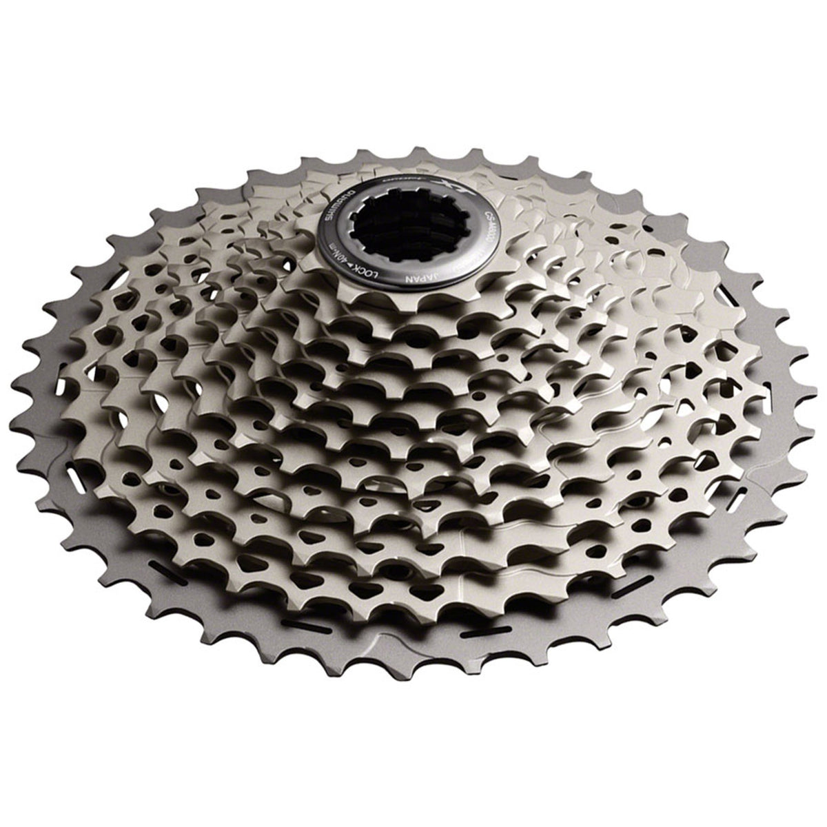 Shimano XT CS-M8000 11-speed cassette with silver cogs for mountain bike gearing, mounted on a bike wheel.