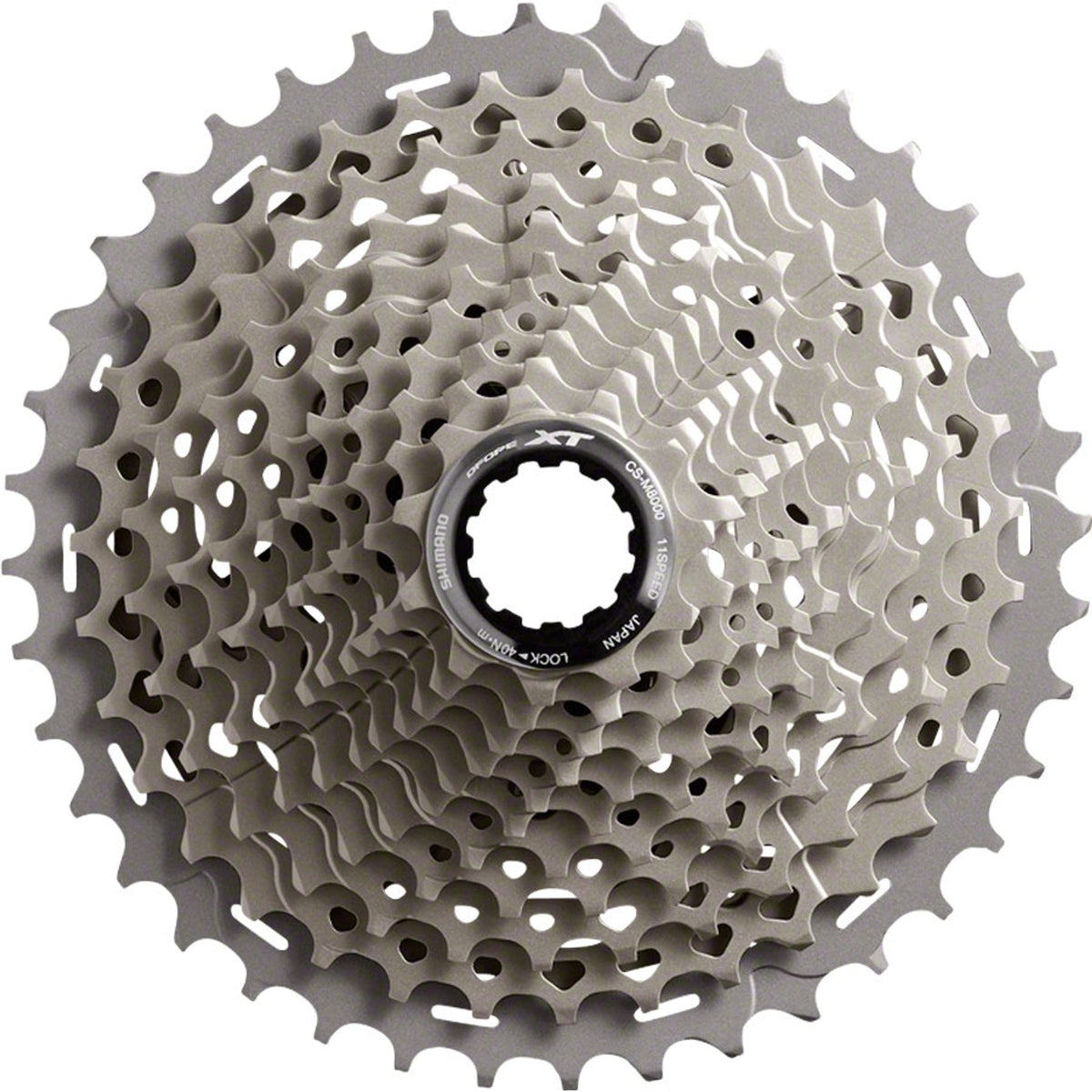 Shimano XT CS-M8000 11-speed cassette with black sprockets and silver lockring, designed for mountain bike gearing.