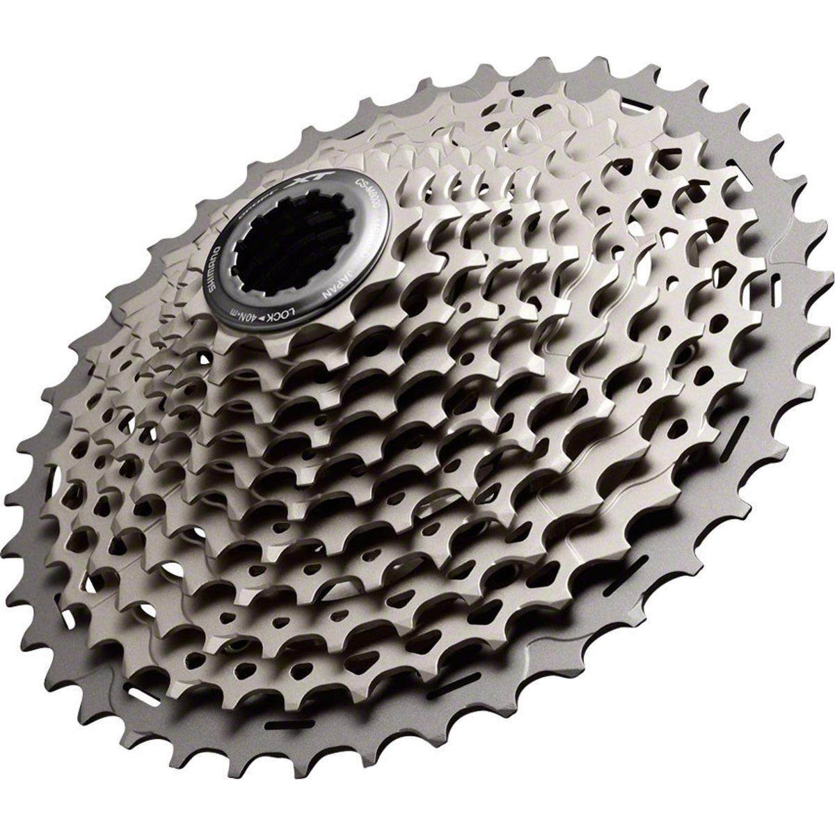 Shimano XT CS-M8000 11-speed cassette with silver cogs and black body, used for mountain bike gearing systems.