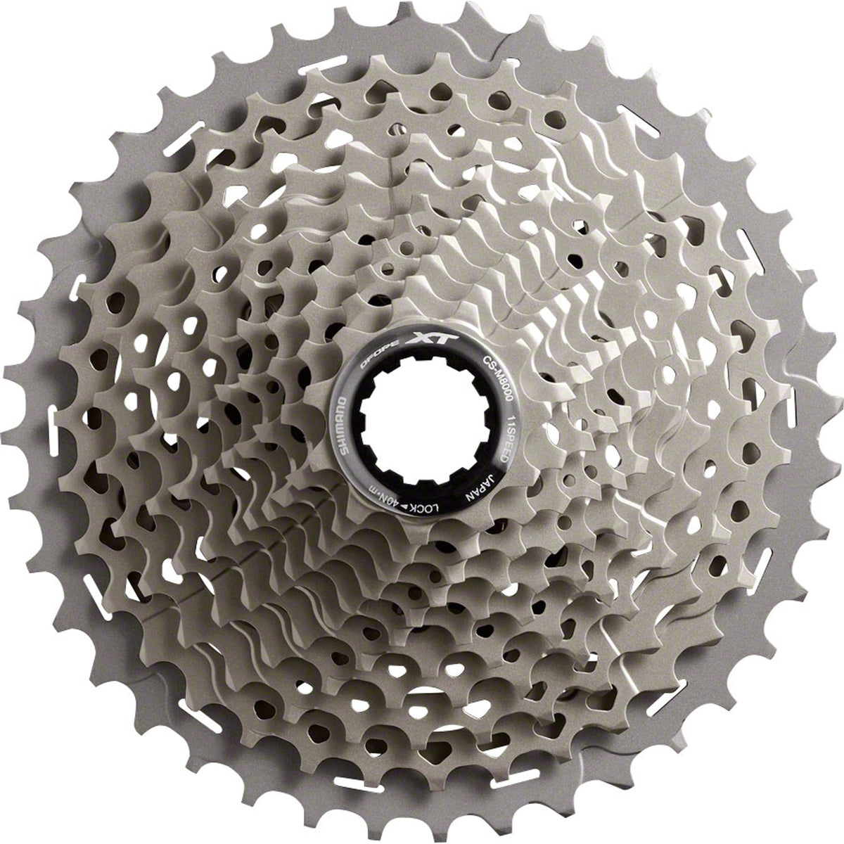 Shimano XT CS-M8000 11-speed cassette with metal sprockets and black finish, mounted on a bike wheel for mountain biking.
