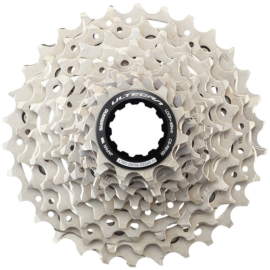 Shimano Ultegra CS-R8100 12-speed cassette with lightweight aluminum and steel cogs for smooth shifting and high performance cycling.