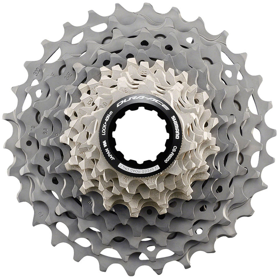 Shimano Dura-Ace CS-9200 12-speed cassette with polished metal cogs for high-performance road cycling.