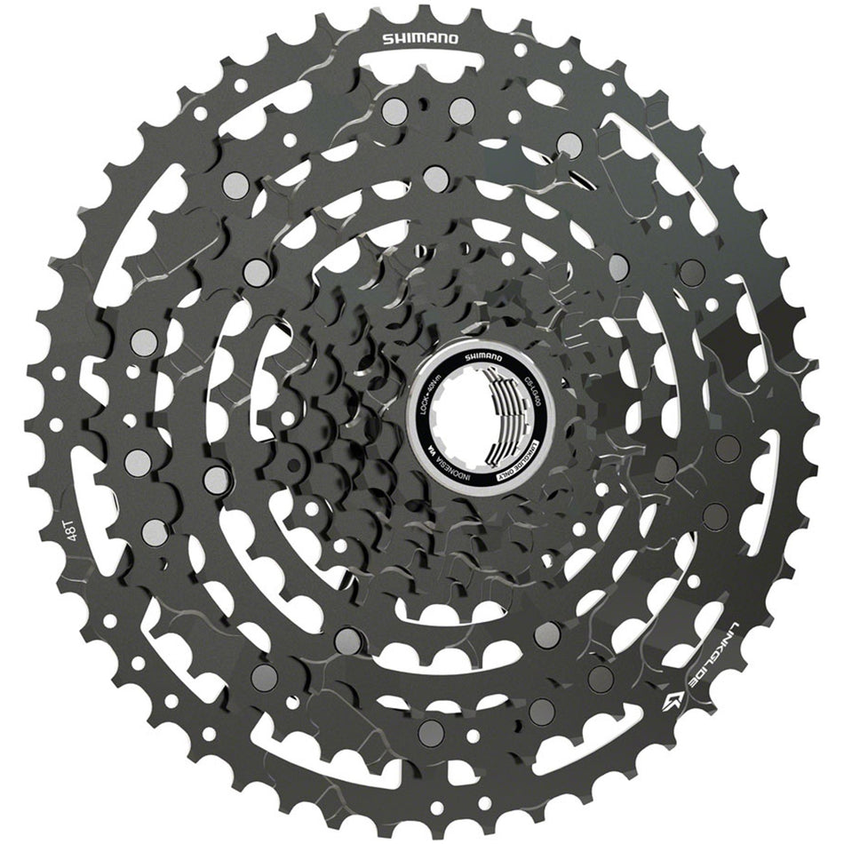 Shimano CUES CS-LG400 Linkglide cassette for bikes, showing the gear cogs and detailed sprocket design.