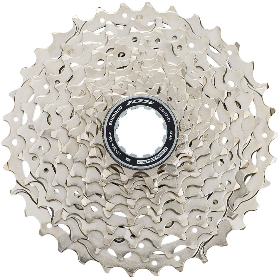 Shimano 105 CS-R7100 12-speed cassette with 11-34t cogs for versatile road cycling, suitable for sprints and climbs