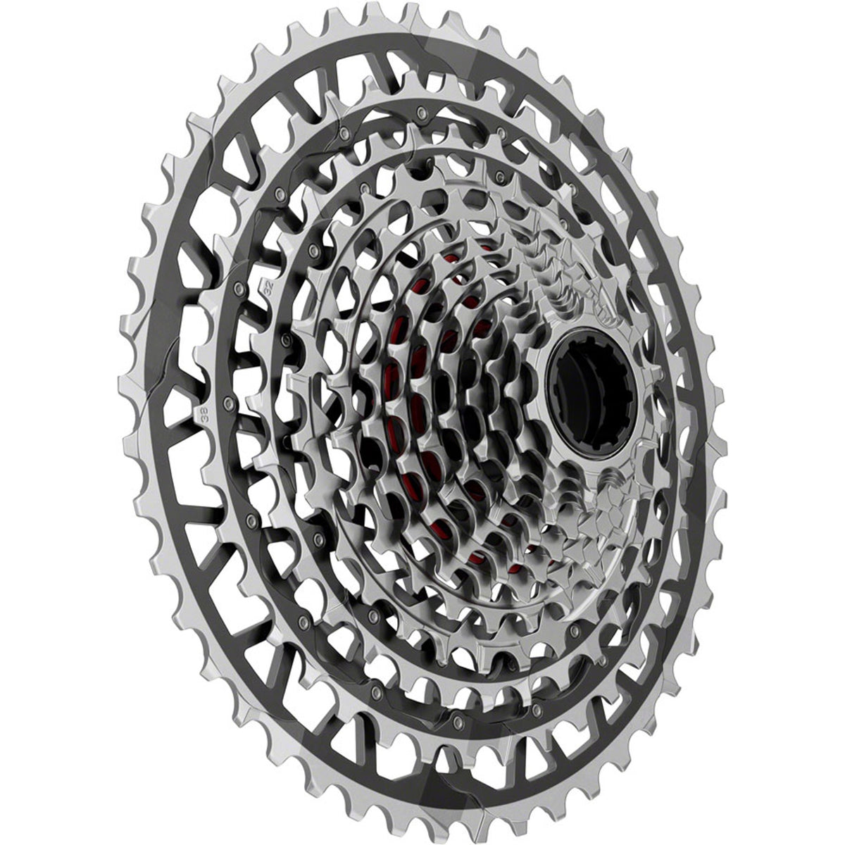 SRAM RED XPLR XG-1391 13-speed cassette with black cogs for mountain and gravel bikes, shown in close-up.