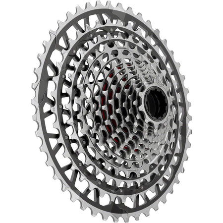 SRAM RED XPLR XG-1391 13-speed cassette with black cogs for mountain and gravel bikes, shown in close-up.
