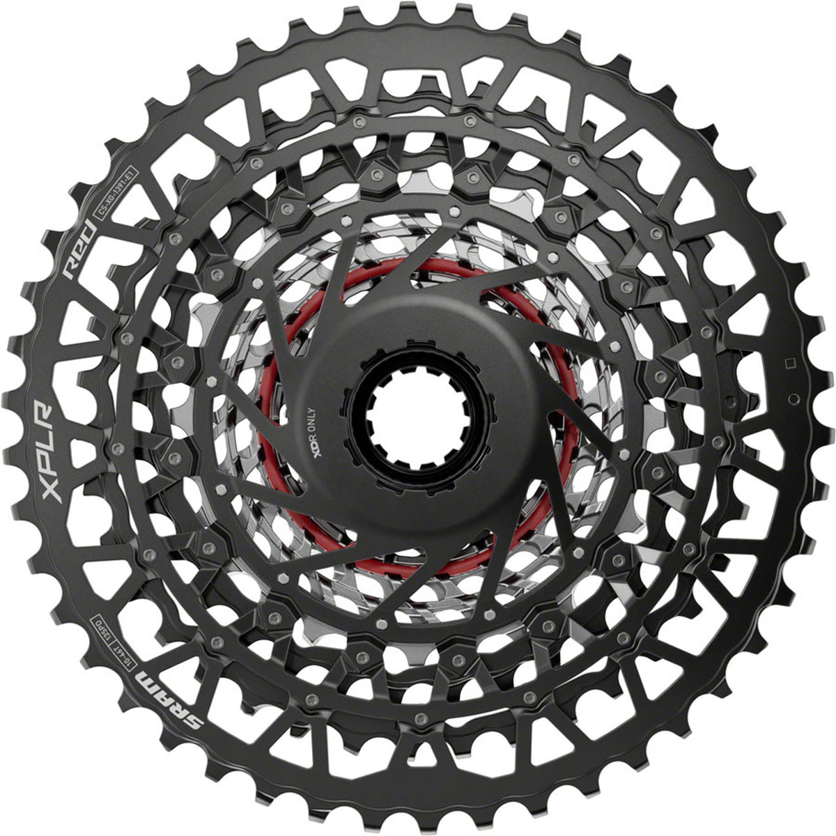 SRAM RED XPLR XG-1391 13-speed cassette with metal cogs and black alloy body, designed for high-performance mountain and gravel bikes.