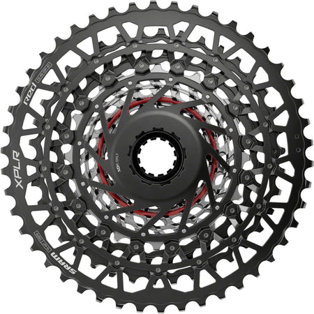 SRAM RED XPLR XG-1391 13-speed cassette with metal cogs and black alloy body, designed for high-performance mountain and gravel bikes.