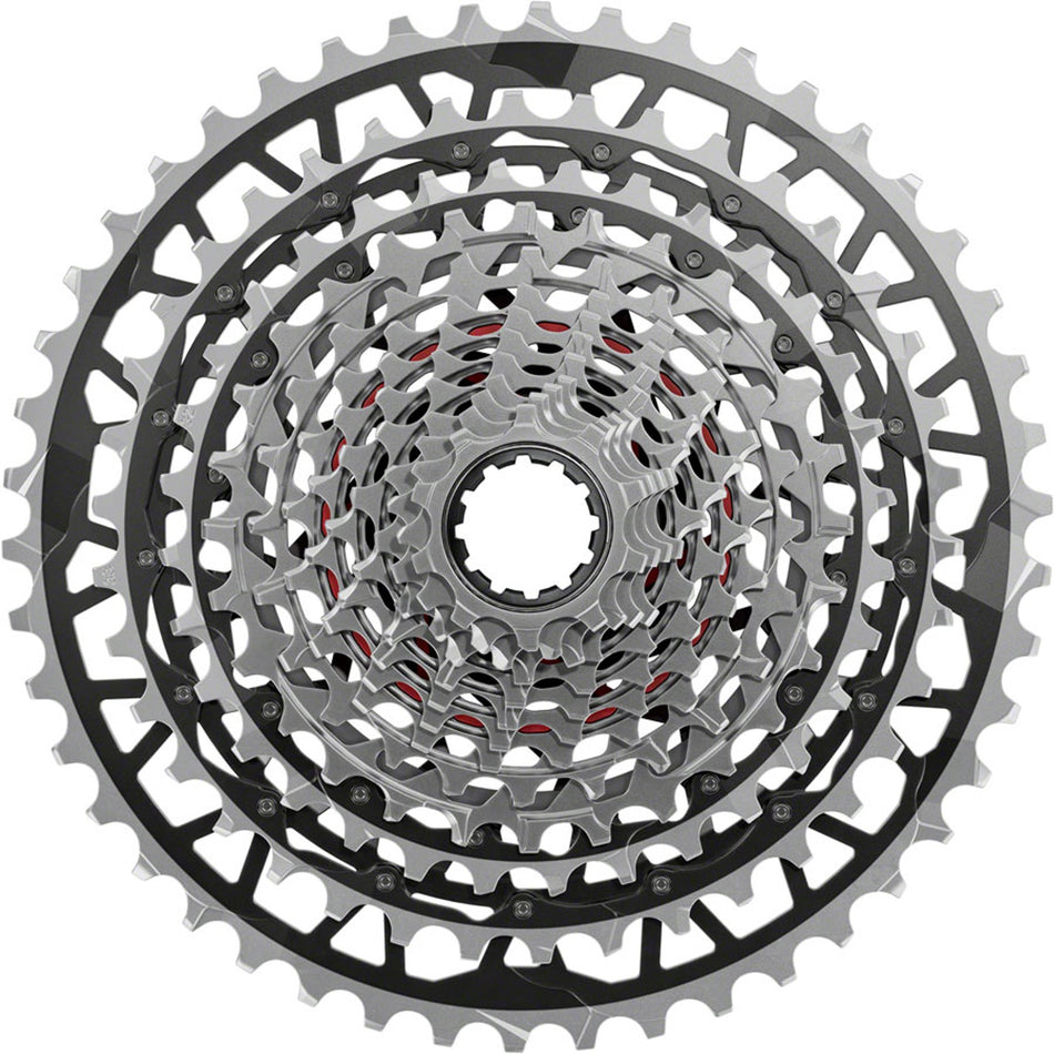 SRAM RED XPLR XG-1391 13-speed cassette with black cogs and branding, designed for high-performance mountain biking and gravel riding.