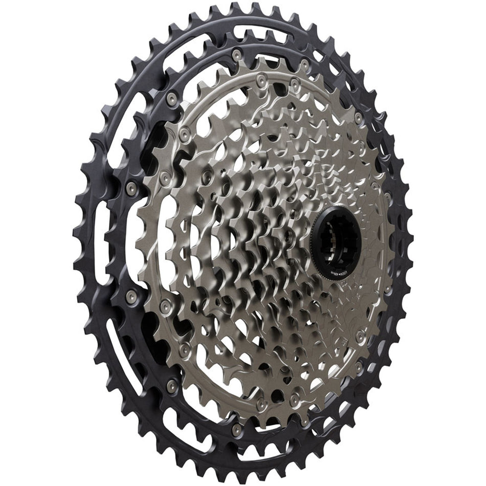 Shimano Deore XT CS-M8200 12-speed cassette with metal cogs and black finish, showing the gear teeth and sprocket arrangement.
