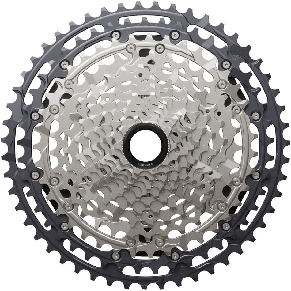 Shimano Deore XT CS-M8200 12-speed cassette with silver cogs, designed for mountain bikes and high-performance cycling.