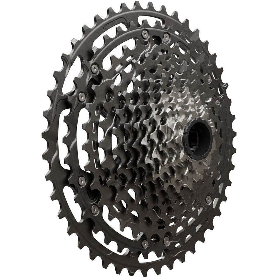 Shimano XTR CS-M9200 12-speed cassette with black alloy sprockets and precise gear teeth for mountain biking performance.