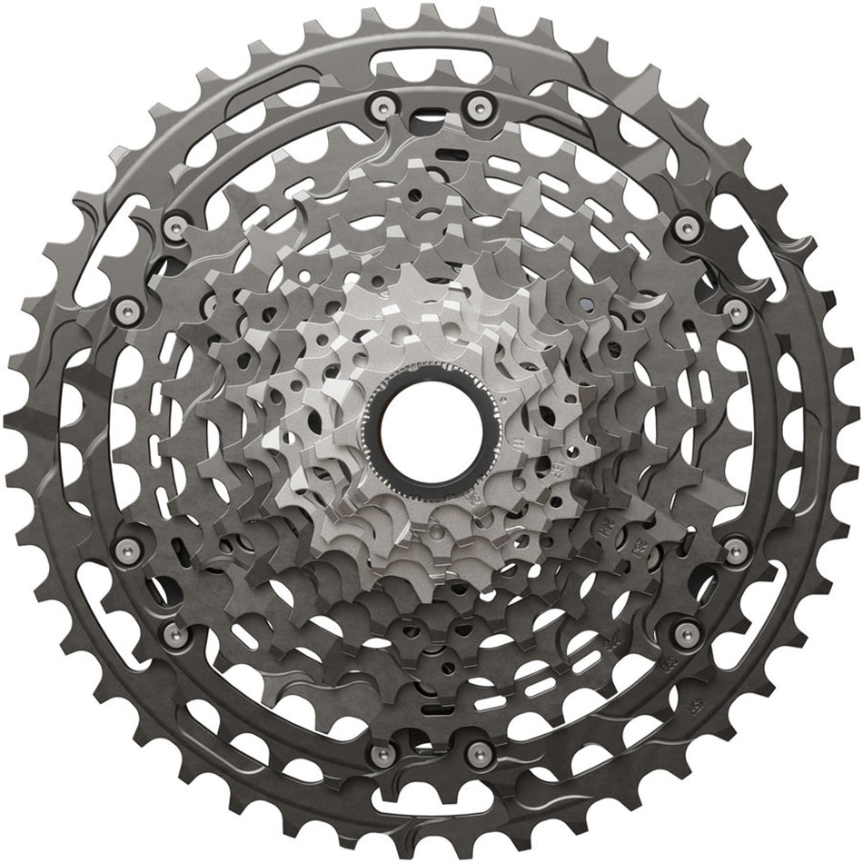 Shimano XTR CS-M9200 12-speed cassette with silver cogs and black body for mountain bike gear shifting.