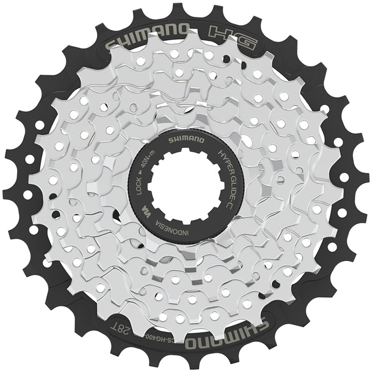 Shimano CS-HG400 cassette with multiple cogs for bicycle drivetrain, showing shiny metal teeth and gear structure.