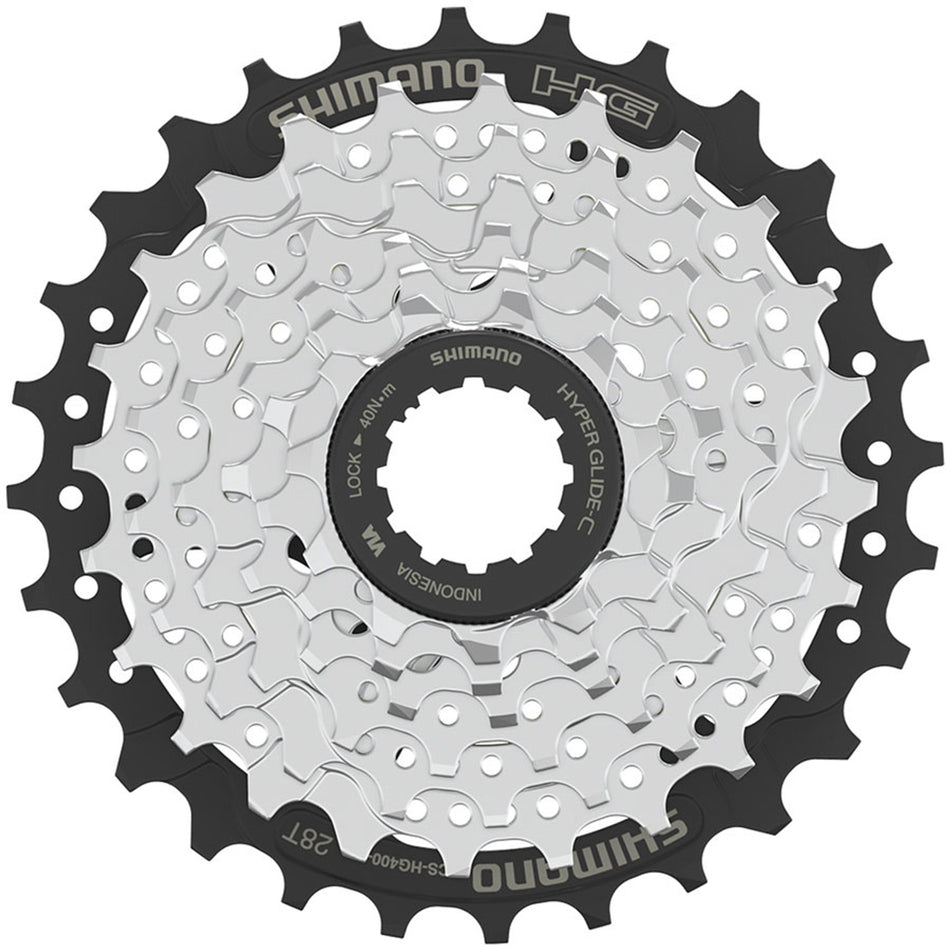 Shimano CS-HG400 cassette with multiple cogs for bicycle drivetrain, showing shiny metal teeth and gear structure.