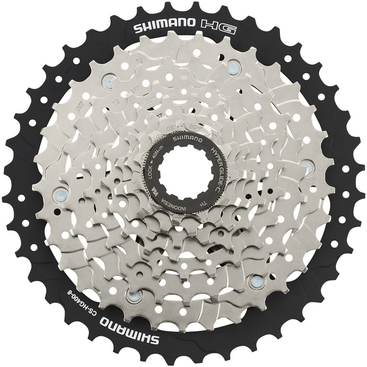 Shimano CS-HG400 cassette with multiple cogs for bike drivetrain, shown in a close-up view.