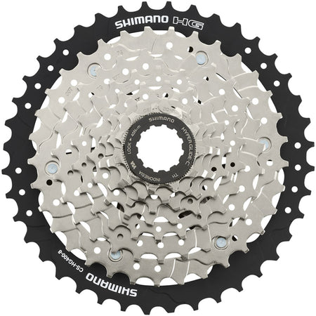 Shimano CS-HG400 cassette with multiple cogs for bike drivetrain, shown in a close-up view.