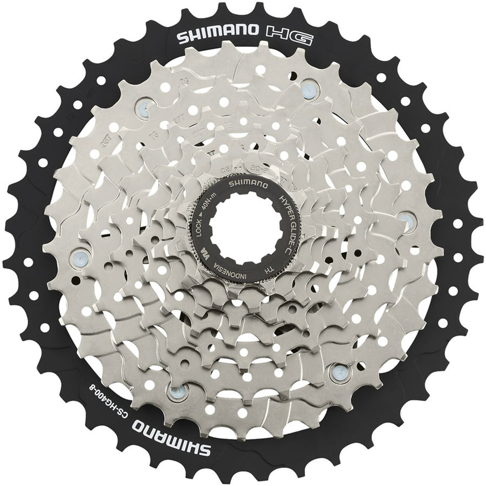 Shimano CS-HG400 cassette with multiple cogs for bike drivetrain, shown in a close-up view.