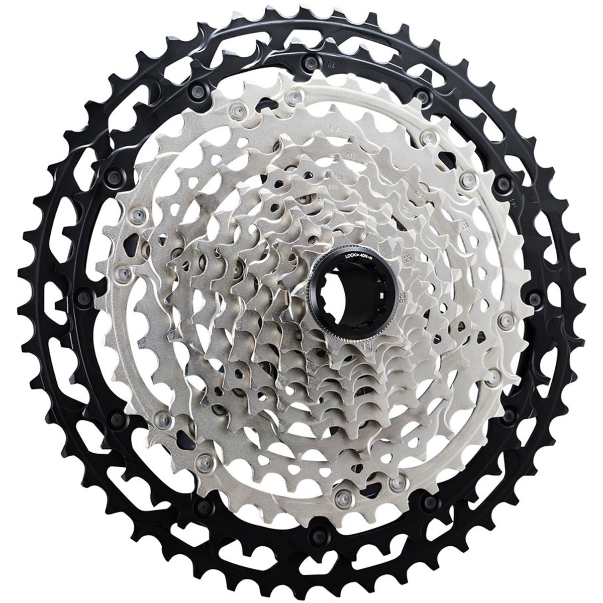 Shimano Deore XT CS-M8100 12-speed cassette with silver cogs for mountain bike gearing and smooth shifting.