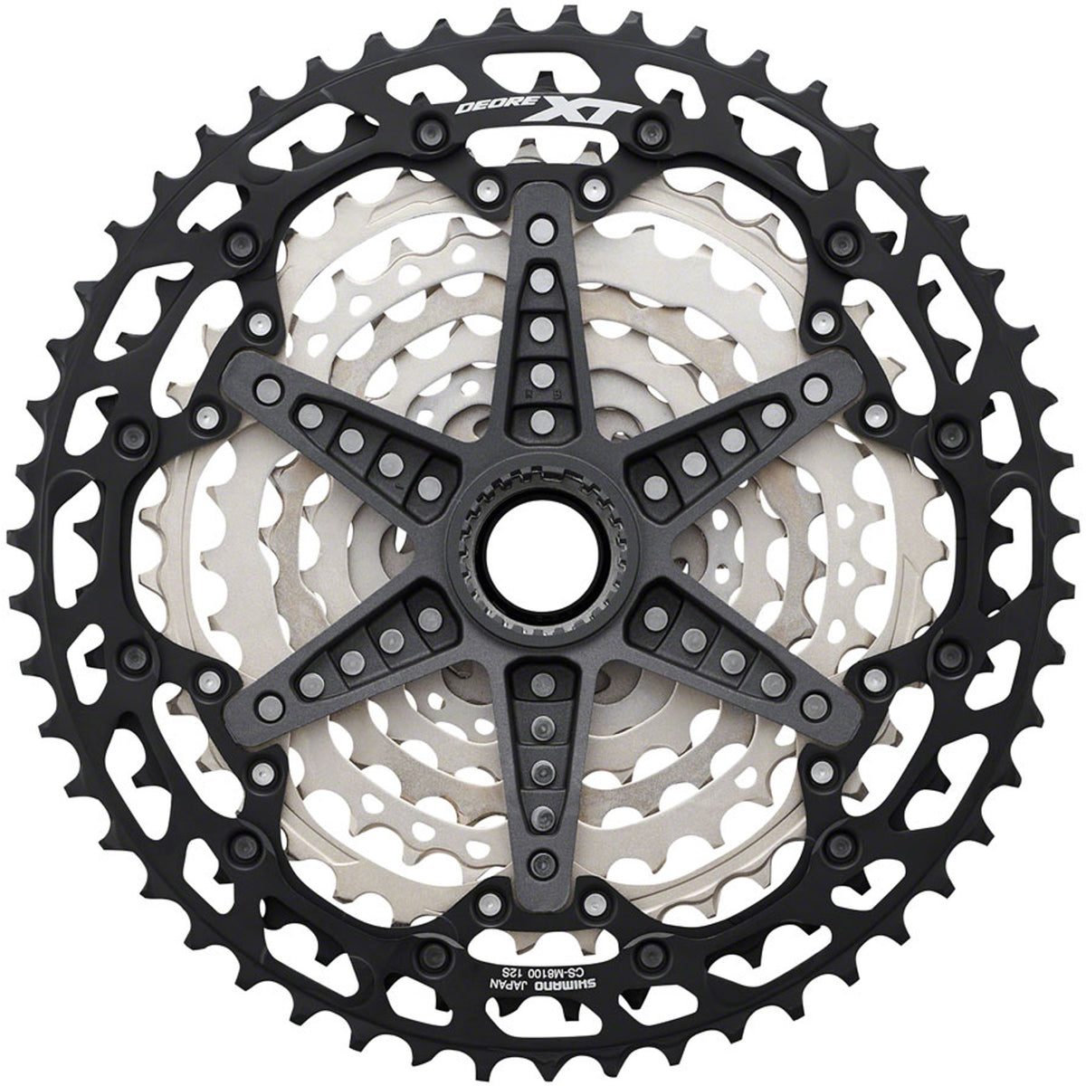 Shimano Deore XT CS-M8100 12-speed bicycle cassette with silver sprockets and black body, designed for mountain bike gearing.