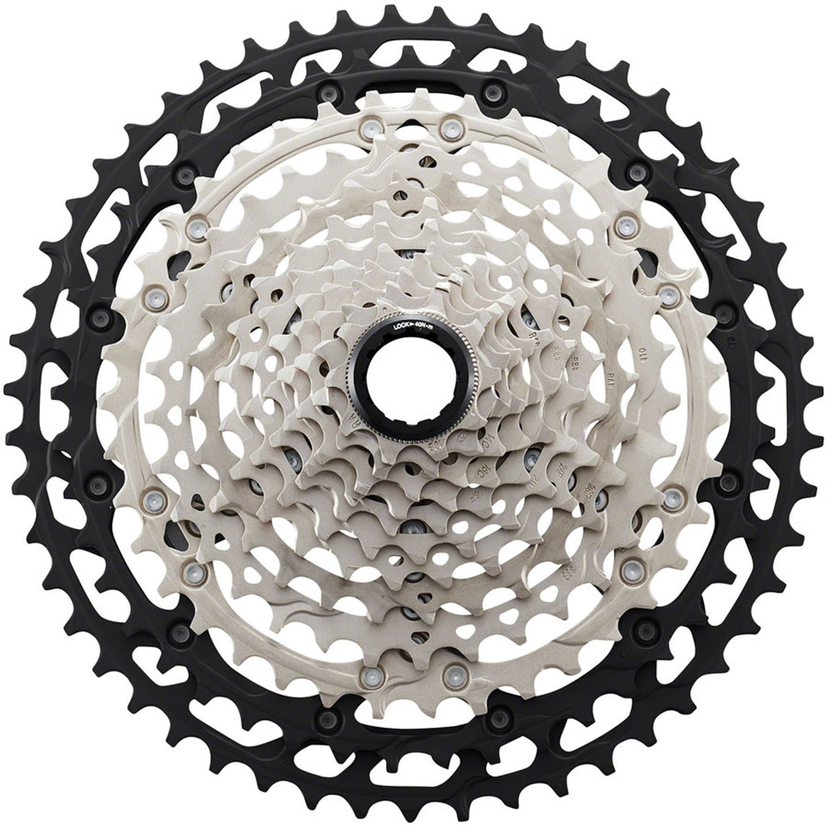 Shimano Deore XT CS-M8100 12-speed cassette with silver cogs and black body, designed for mountain bike gearing.