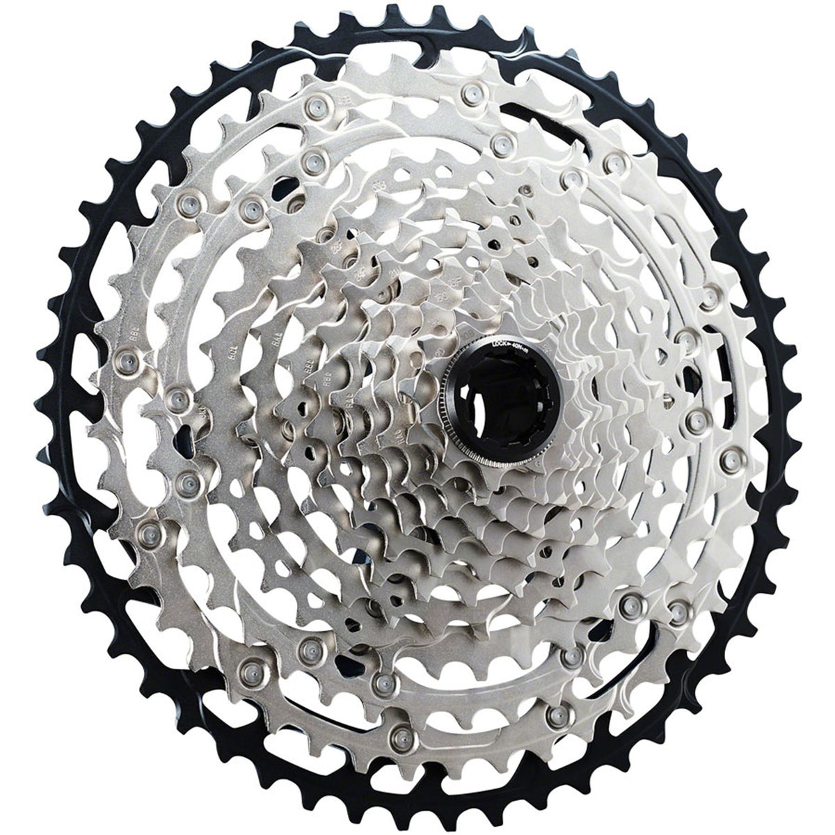 Shimano SLX CS-M7100 12-speed cassette with silver cogs for mountain bike gearing, showing the detailed sprockets and teeth.