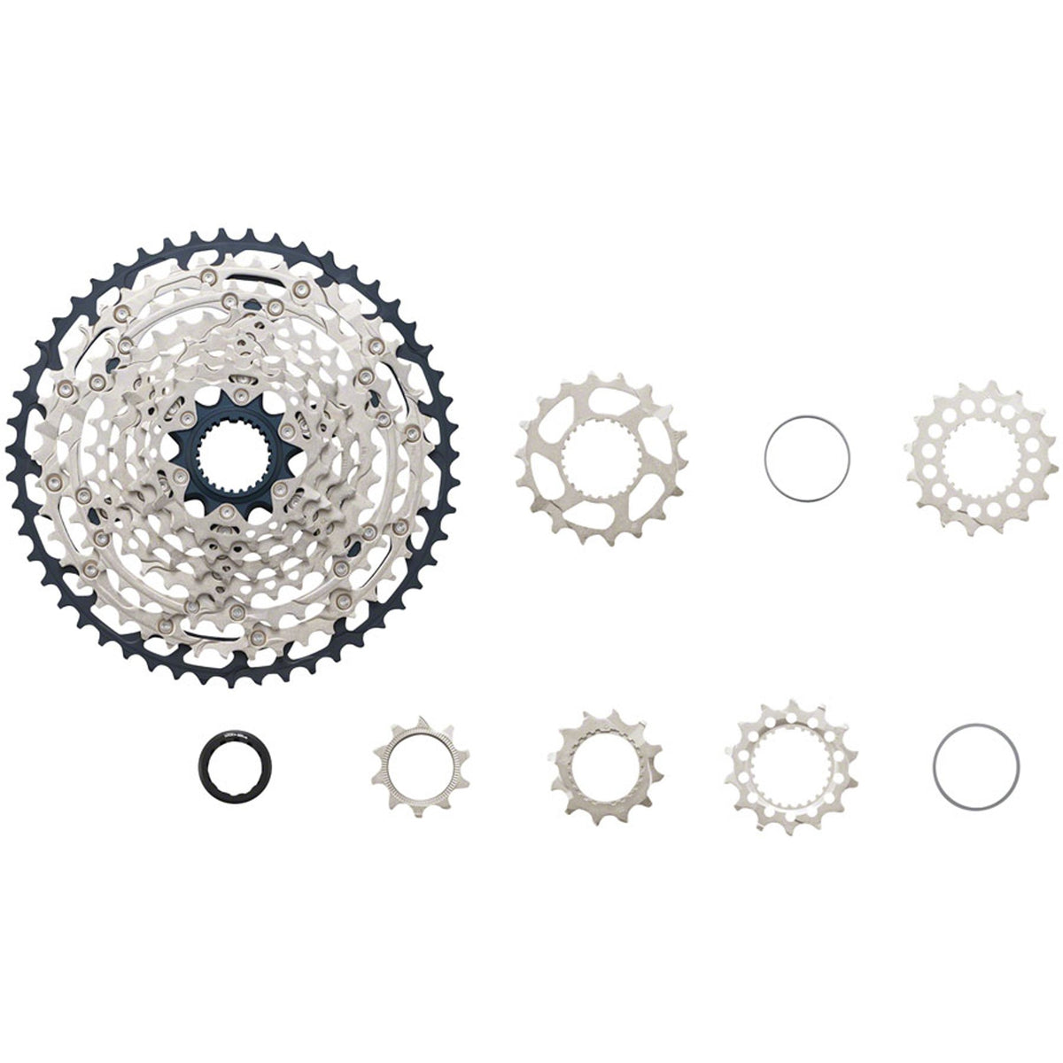 Shimano SLX CS-M7100 12-speed cassette with silver cogs and black body, designed for mountain bike gearing systems.