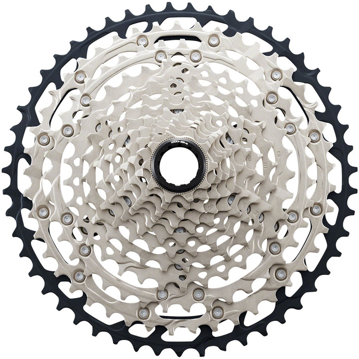 Shimano SLX CS-M7100 12-speed cassette with silver cogs, designed for mountain bikes, showing the gear teeth and branding.